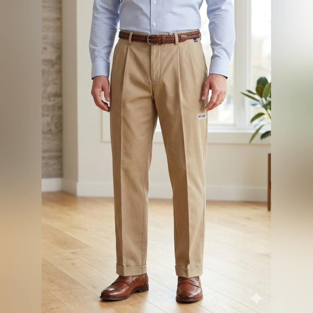 NAUTICA Men's Rigger Pleated Cuffed Tan Chinos | Pants. Size 34" W x 30" L.